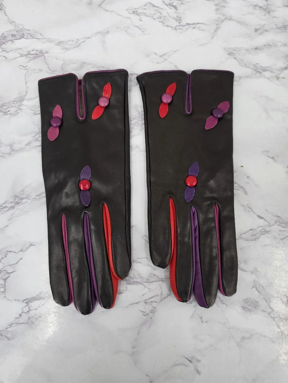 Vintage Black Leather Gloves with Purple & Red Accent Dress Or Driving Gloves